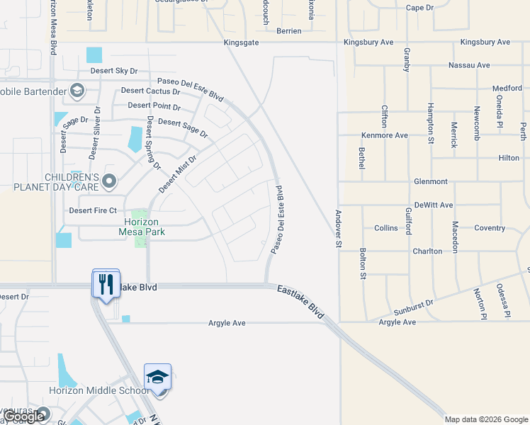 map of restaurants, bars, coffee shops, grocery stores, and more near Paseo Del Este Boulevard in Horizon City
