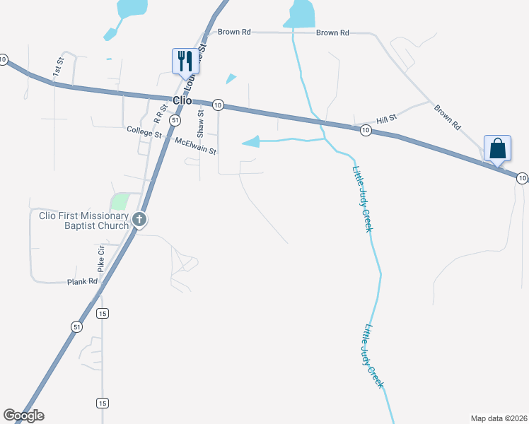 map of restaurants, bars, coffee shops, grocery stores, and more near 36 Old Mcray Mill Road in Clio