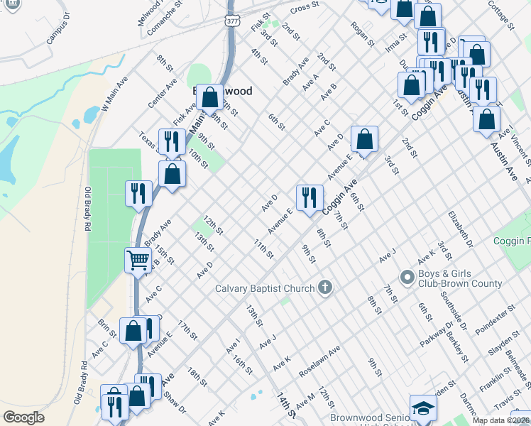 map of restaurants, bars, coffee shops, grocery stores, and more near 2107 Avenue East in Brownwood