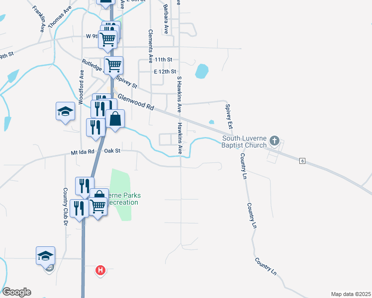 map of restaurants, bars, coffee shops, grocery stores, and more near 929 Hawkins Avenue in Luverne
