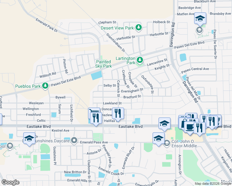 map of restaurants, bars, coffee shops, grocery stores, and more near 13510 Bradford Street in Horizon City