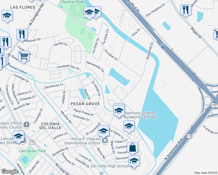map of restaurants, bars, coffee shops, grocery stores, and more near 9356 Scooter Lane in El Paso