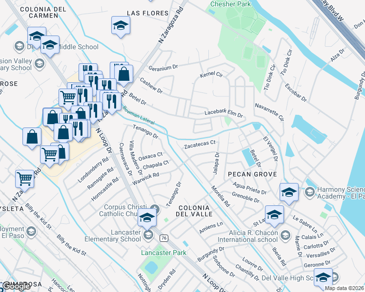 map of restaurants, bars, coffee shops, grocery stores, and more near 901 Warwick Road in El Paso