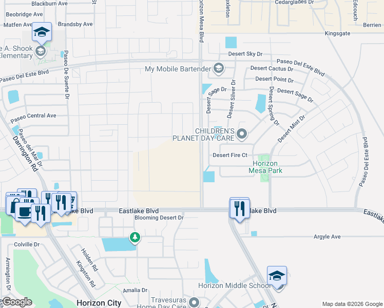 map of restaurants, bars, coffee shops, grocery stores, and more near 681 Desert Sage Drive in Horizon City