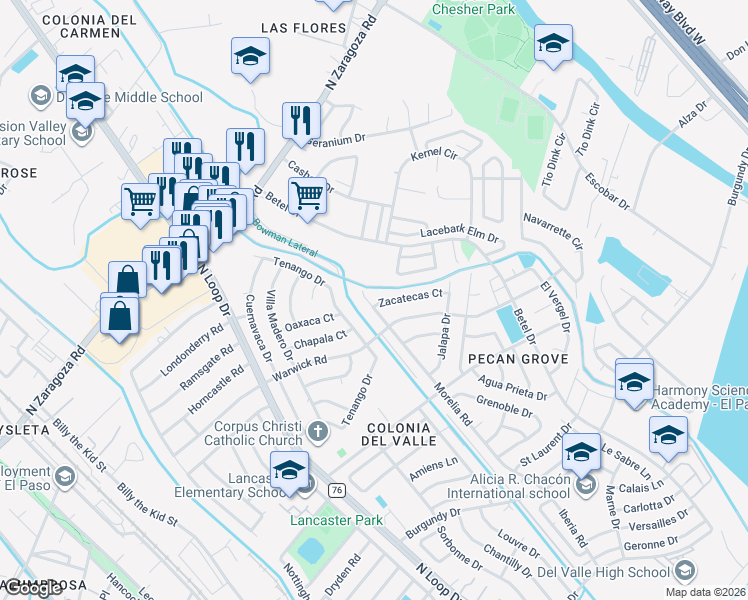 map of restaurants, bars, coffee shops, grocery stores, and more near 901 Warwick Road in El Paso