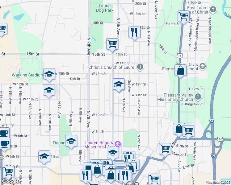 map of restaurants, bars, coffee shops, grocery stores, and more near 1125 North 5th Avenue in Laurel