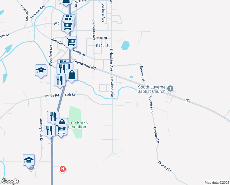map of restaurants, bars, coffee shops, grocery stores, and more near 929 Hawkins Avenue in Luverne