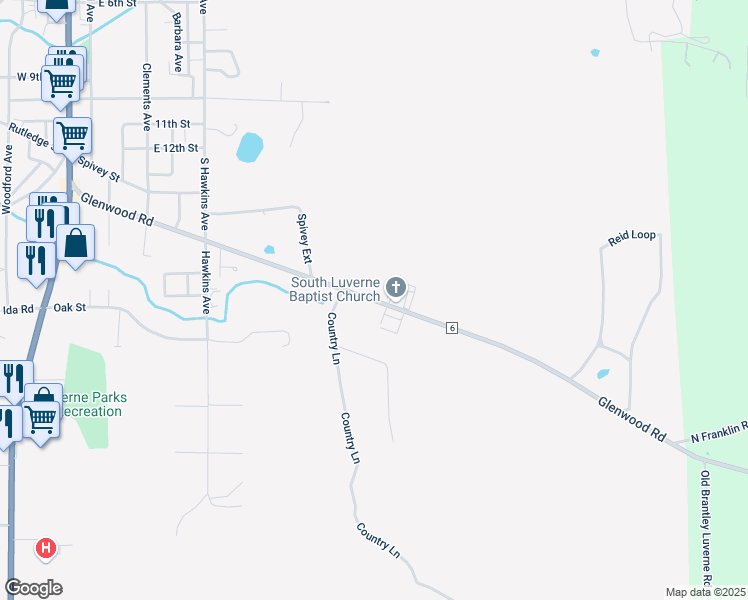 map of restaurants, bars, coffee shops, grocery stores, and more near 887 Glenwood Road in Luverne