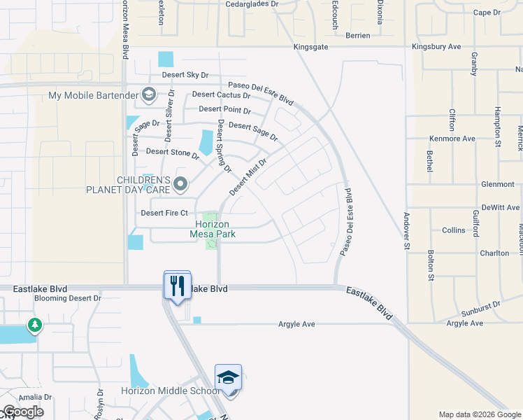 map of restaurants, bars, coffee shops, grocery stores, and more near 14353 Desert Fire Court in Horizon City