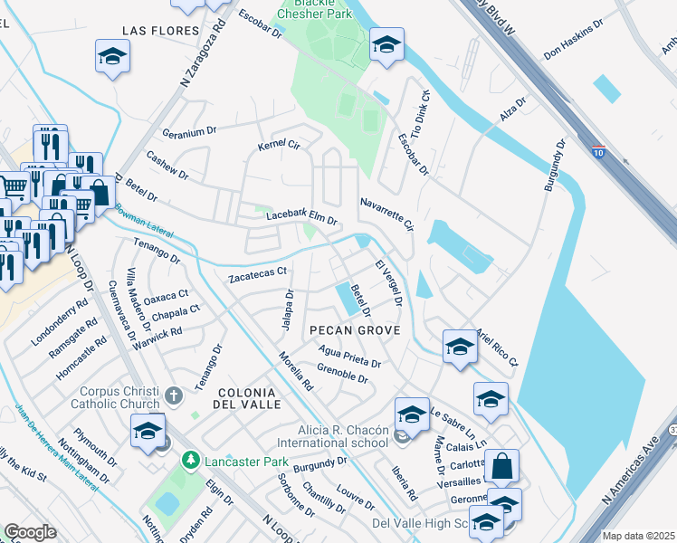 map of restaurants, bars, coffee shops, grocery stores, and more near 9246 Betel Drive in El Paso