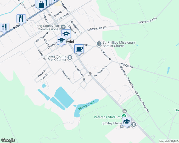 map of restaurants, bars, coffee shops, grocery stores, and more near 819 South McDonald Street in Ludowici