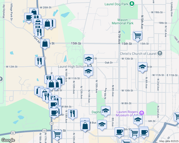 map of restaurants, bars, coffee shops, grocery stores, and more near 1100 West 12th Street in Laurel