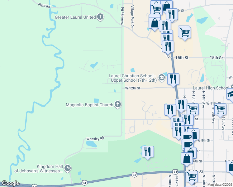 map of restaurants, bars, coffee shops, grocery stores, and more near 1000-1298 Wansley Road in Laurel