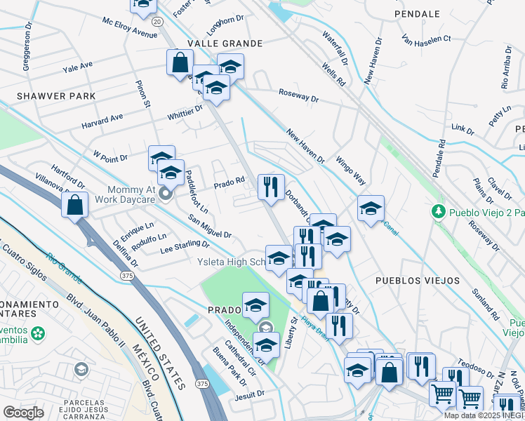map of restaurants, bars, coffee shops, grocery stores, and more near 8536 Alameda Avenue in El Paso