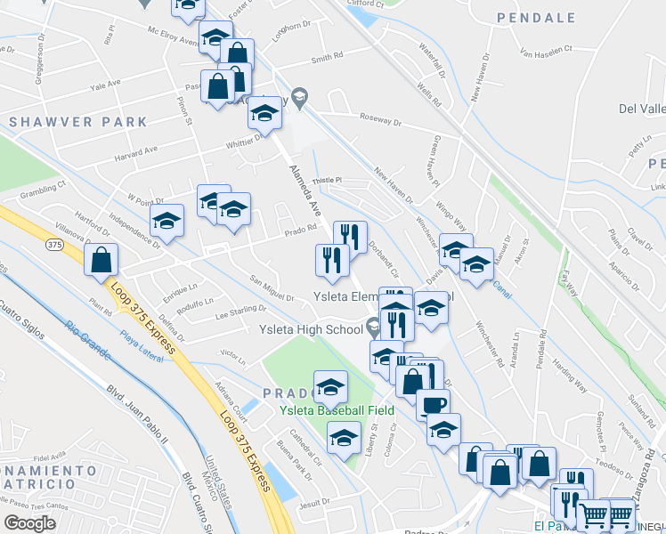 map of restaurants, bars, coffee shops, grocery stores, and more near 8536 Alameda Avenue in El Paso
