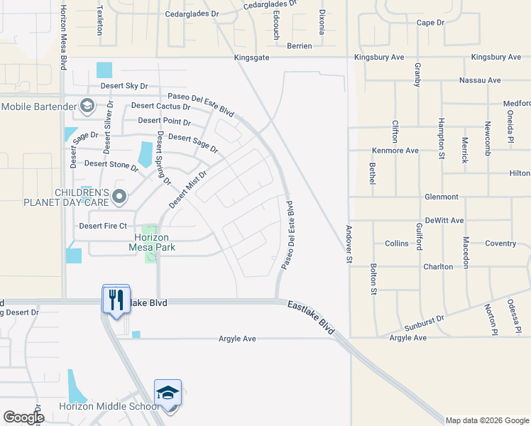 map of restaurants, bars, coffee shops, grocery stores, and more near Paseo Del Este Boulevard in Horizon City