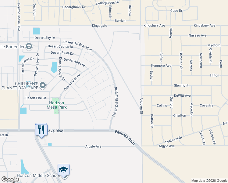 map of restaurants, bars, coffee shops, grocery stores, and more near Paseo Del Este Boulevard in Horizon City
