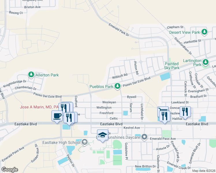 map of restaurants, bars, coffee shops, grocery stores, and more near 13160 Pocklington Rd in El Paso