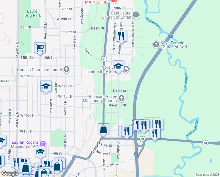 map of restaurants, bars, coffee shops, grocery stores, and more near 1204 North Joe Wheeler Avenue in Laurel