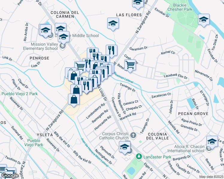 map of restaurants, bars, coffee shops, grocery stores, and more near 9016 Cuernavaca Drive in El Paso