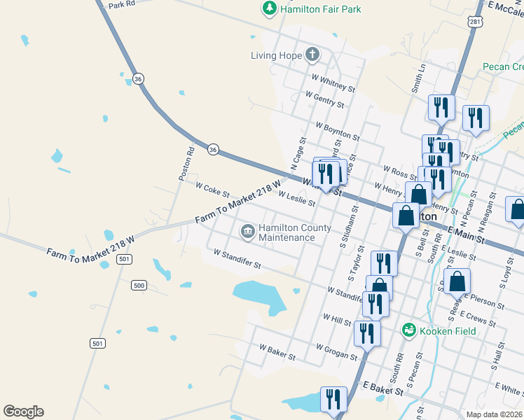 map of restaurants, bars, coffee shops, grocery stores, and more near 721 West Coke Street in Hamilton