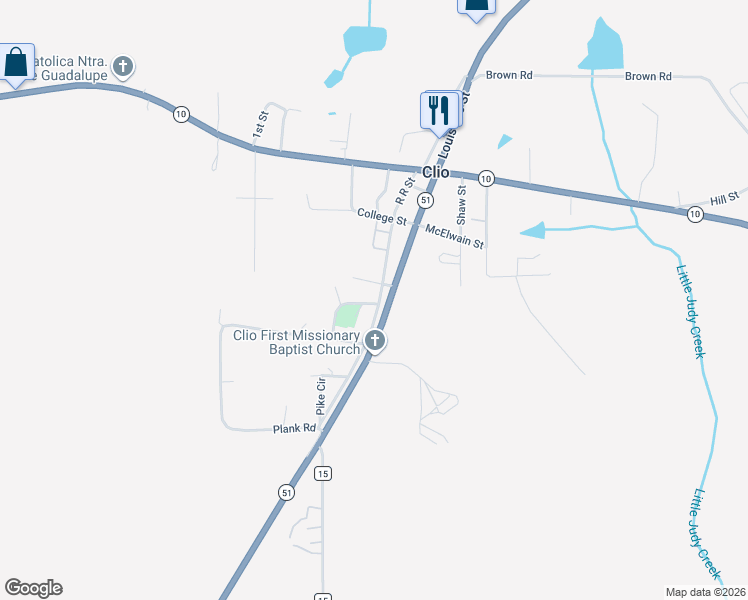 map of restaurants, bars, coffee shops, grocery stores, and more near 1 School Drive in Clio