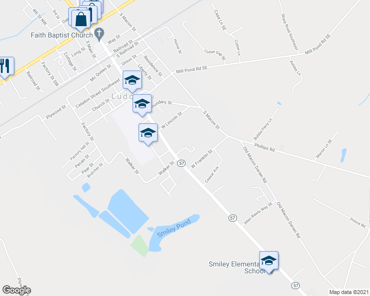 map of restaurants, bars, coffee shops, grocery stores, and more near Twin Oaks in Ludowici