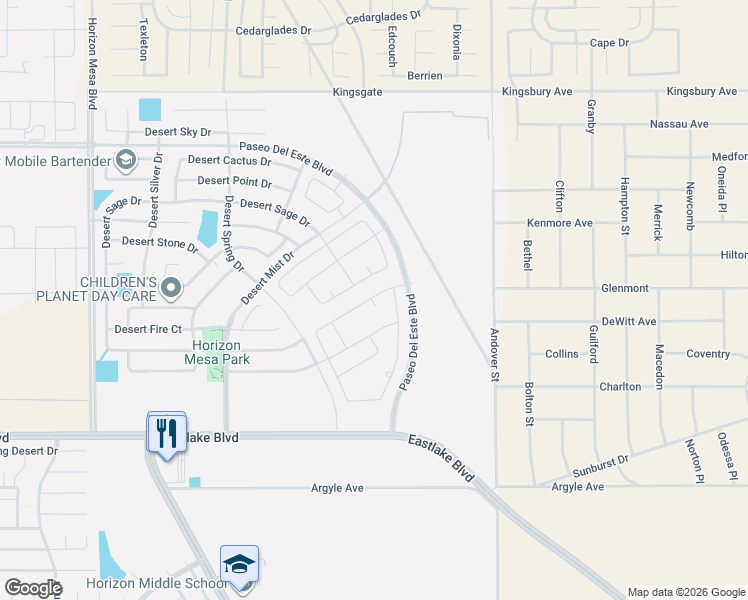 map of restaurants, bars, coffee shops, grocery stores, and more near Paseo Del Este Boulevard in Horizon City