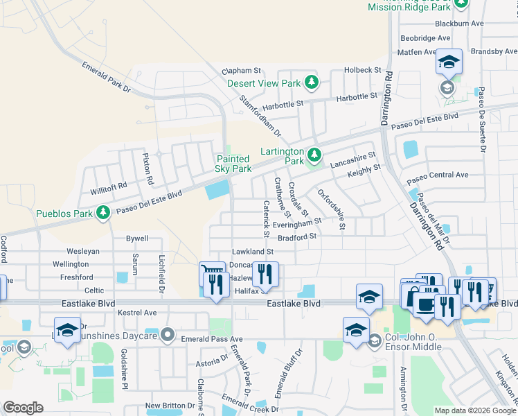map of restaurants, bars, coffee shops, grocery stores, and more near 13511 Selby Street in El Paso