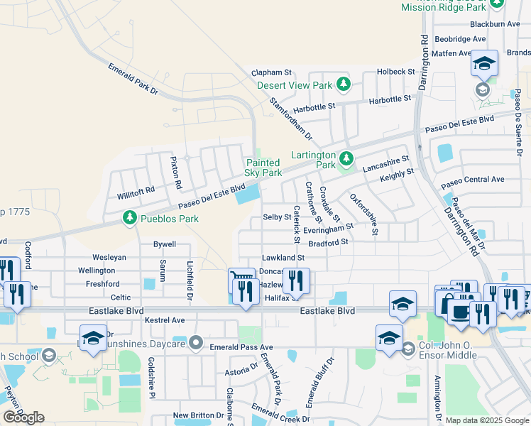 map of restaurants, bars, coffee shops, grocery stores, and more near 13471 Selby in El Paso