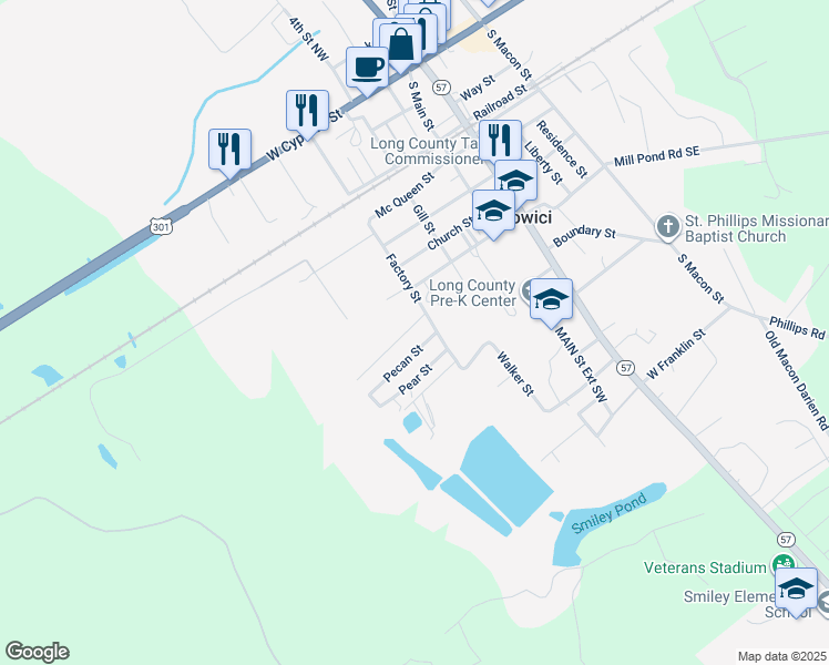 map of restaurants, bars, coffee shops, grocery stores, and more near 89 Hills Drive Southeast in Ludowici