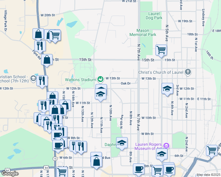 map of restaurants, bars, coffee shops, grocery stores, and more near 1100 West 12th Street in Laurel