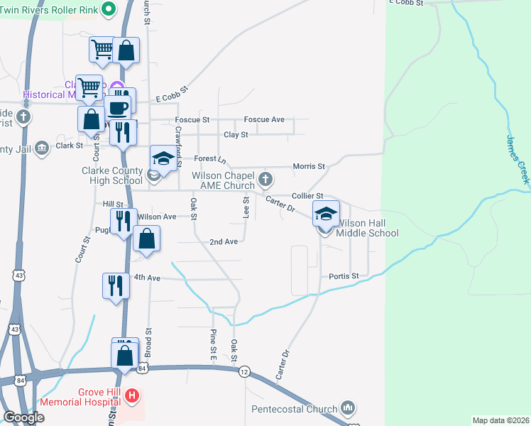 map of restaurants, bars, coffee shops, grocery stores, and more near 110 Carter Drive in Grove Hill