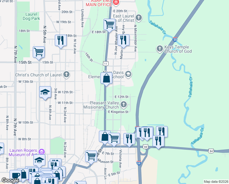 map of restaurants, bars, coffee shops, grocery stores, and more near 1204 North Joe Wheeler Avenue in Laurel