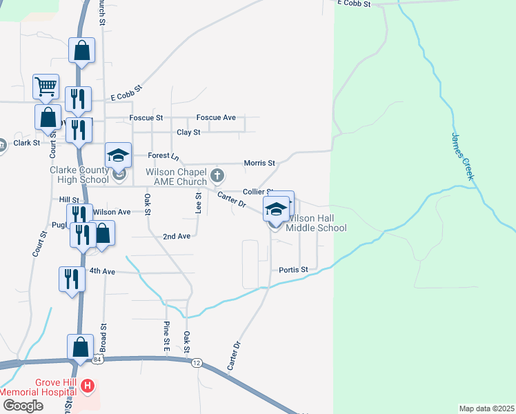 map of restaurants, bars, coffee shops, grocery stores, and more near 301 Forest Lane in Grove Hill