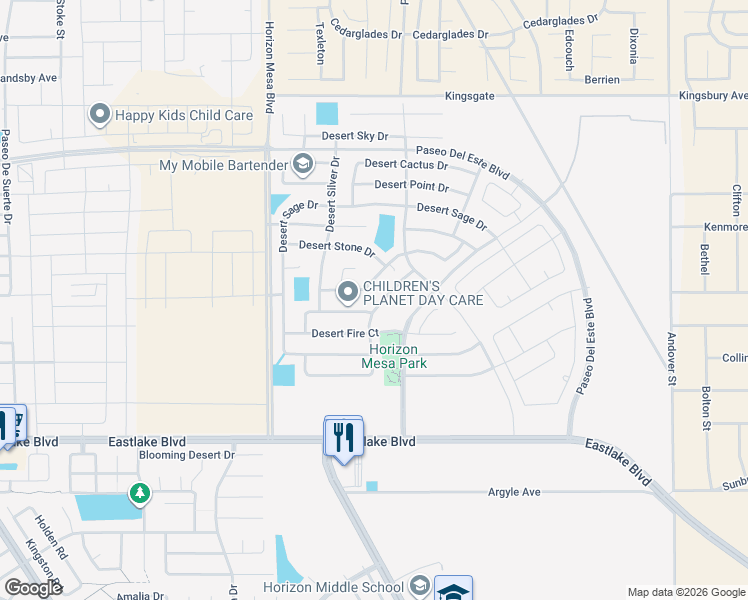 map of restaurants, bars, coffee shops, grocery stores, and more near 720 Desert Ash Drive in Horizon City