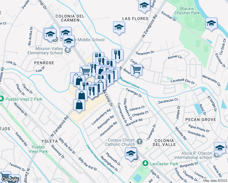 map of restaurants, bars, coffee shops, grocery stores, and more near 9016 Cuernavaca Drive in El Paso