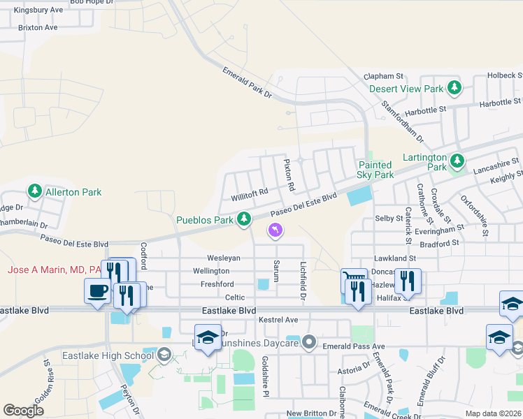 map of restaurants, bars, coffee shops, grocery stores, and more near 13196 Pocklington Rd in El Paso