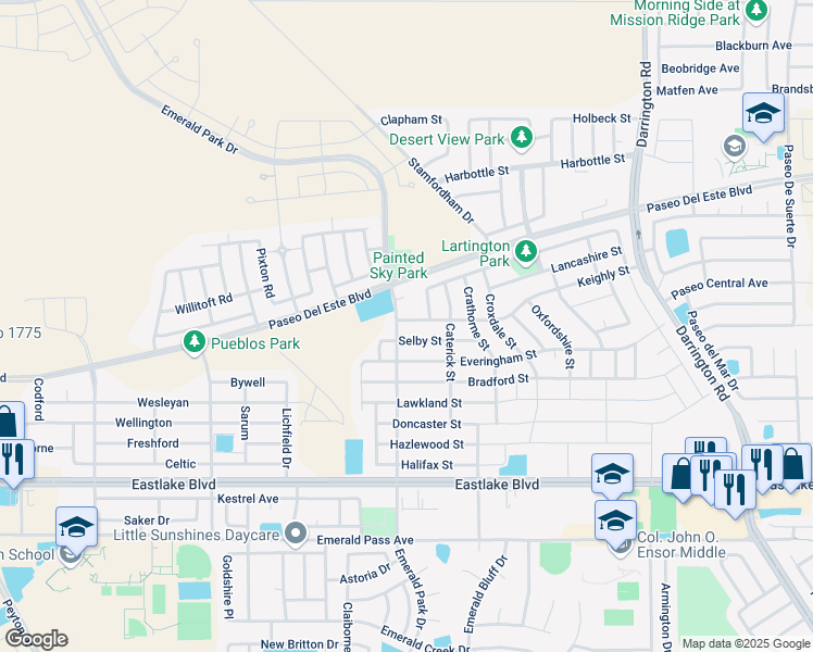 map of restaurants, bars, coffee shops, grocery stores, and more near 13471 Selby in El Paso
