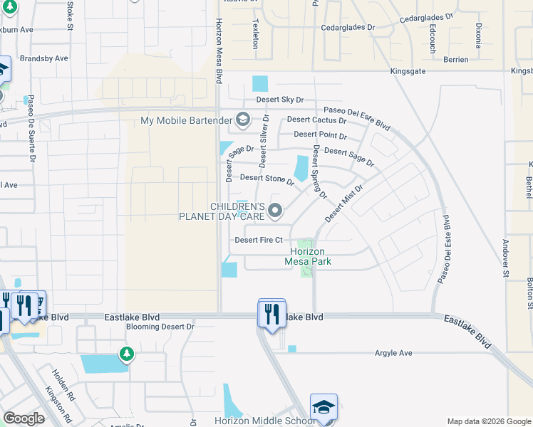 map of restaurants, bars, coffee shops, grocery stores, and more near 14244 Desert Sunset Drive in Horizon City