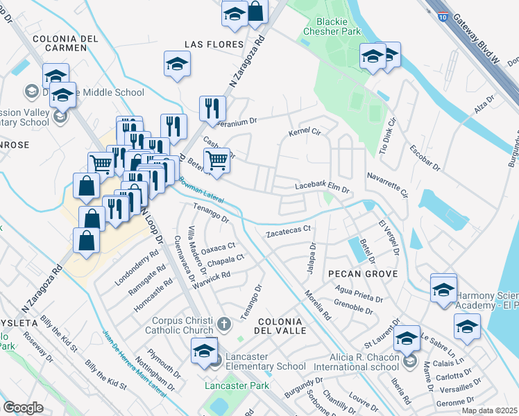 map of restaurants, bars, coffee shops, grocery stores, and more near 9030 Betel Drive in El Paso