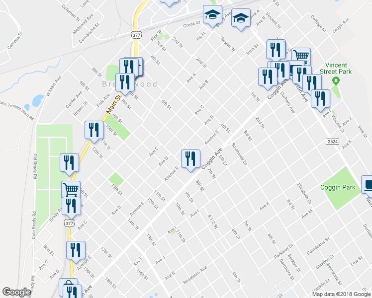 map of restaurants, bars, coffee shops, grocery stores, and more near 1900 Avenue D in Brownwood