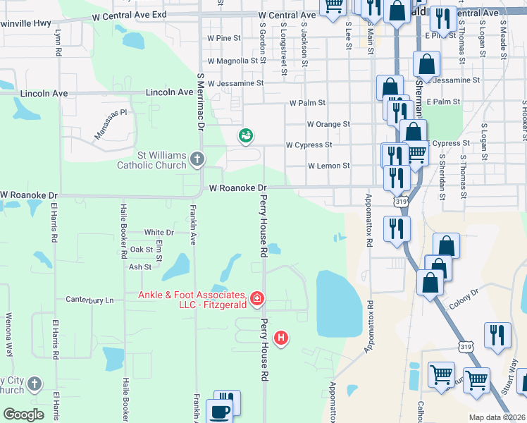map of restaurants, bars, coffee shops, grocery stores, and more near 135 Perry House Road in Fitzgerald