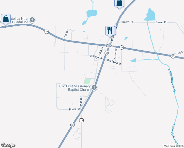 map of restaurants, bars, coffee shops, grocery stores, and more near 1-21 School Drive in Clio