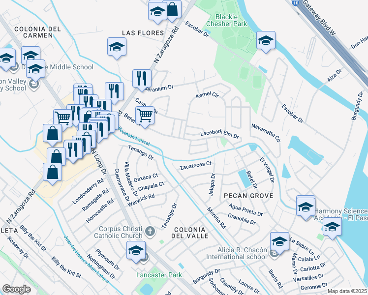 map of restaurants, bars, coffee shops, grocery stores, and more near 9030 Betel Drive in El Paso