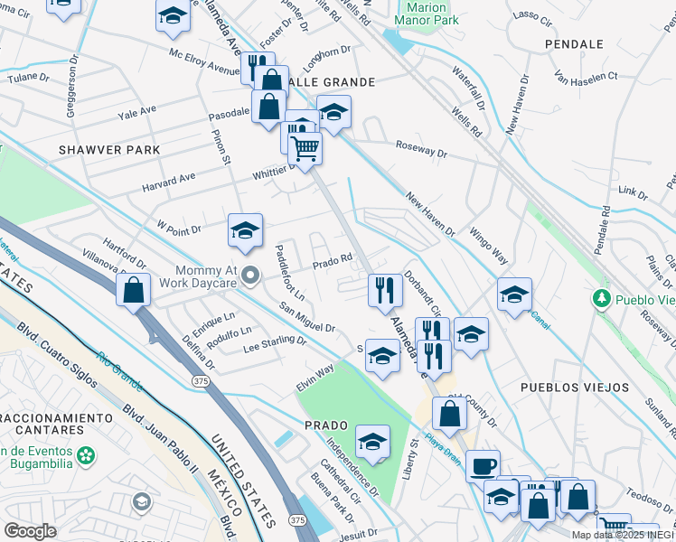map of restaurants, bars, coffee shops, grocery stores, and more near 8528 Alameda Avenue in El Paso
