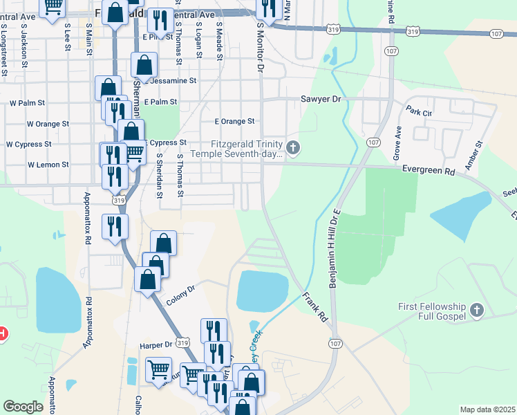 map of restaurants, bars, coffee shops, grocery stores, and more near 117 Frank Road in Fitzgerald