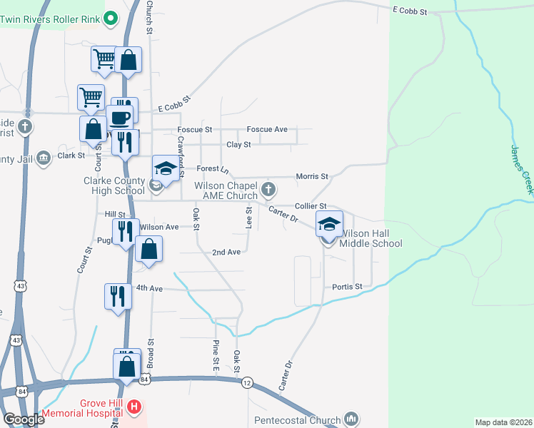 map of restaurants, bars, coffee shops, grocery stores, and more near 110 Carter Drive in Grove Hill