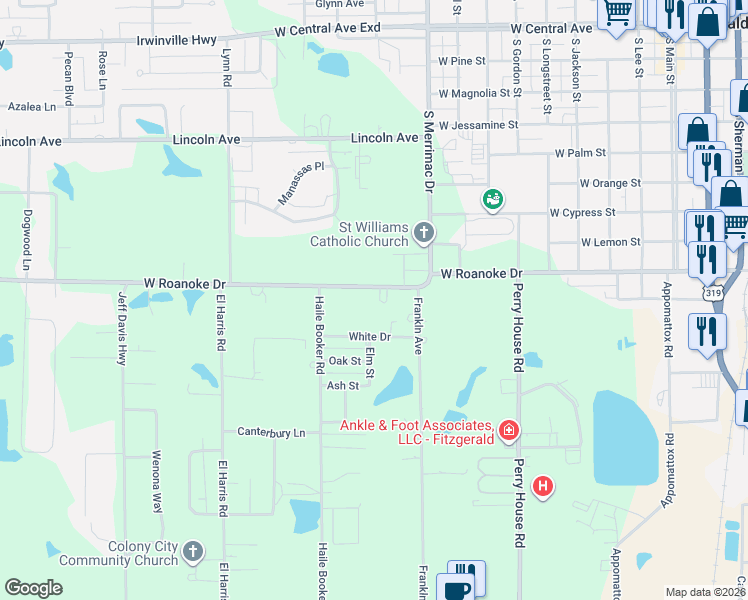 map of restaurants, bars, coffee shops, grocery stores, and more near 921 West Roanoke Drive Extension in Fitzgerald