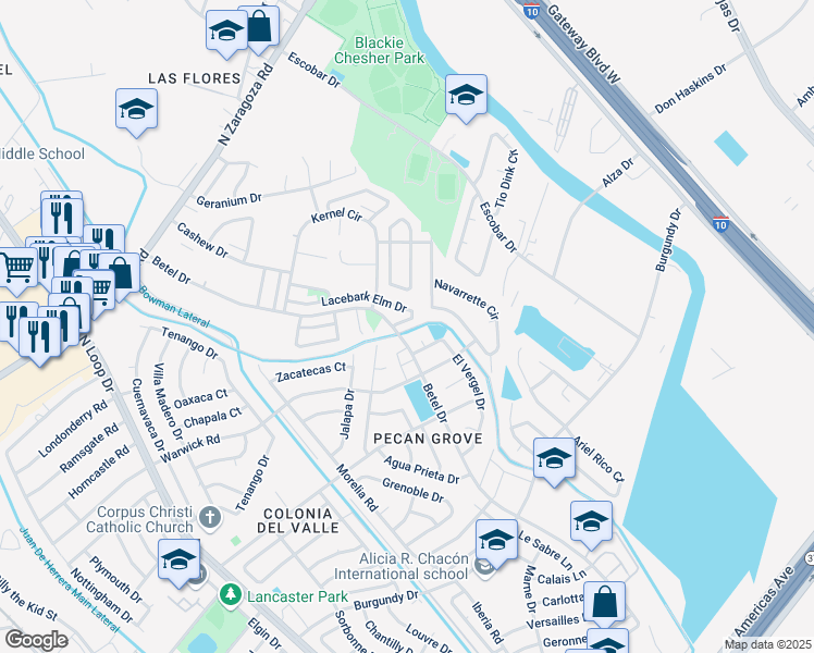 map of restaurants, bars, coffee shops, grocery stores, and more near 9217 Lacebark Elm Drive in El Paso